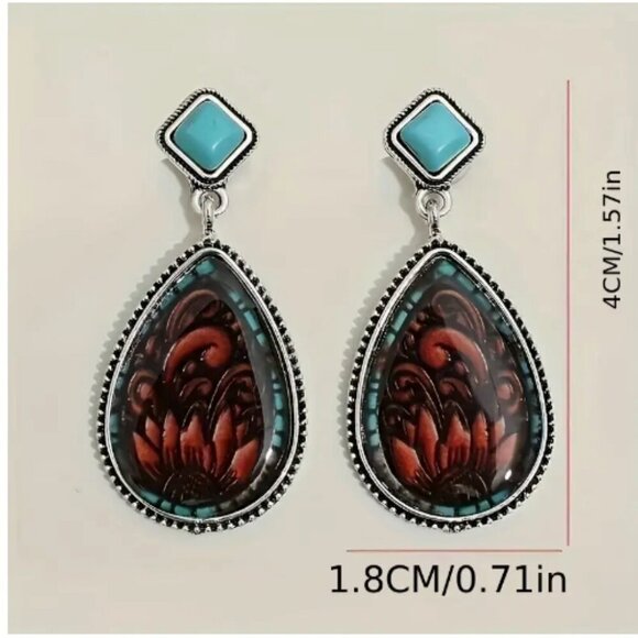NEW Western style Brown & Turquoise Stud with drop earrings - Silver plated - Picture 2 of 2